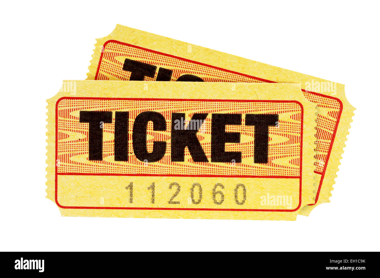 Zwei gelbe Eintrittskarten isoliert auf einem weißen Hintergrund. Stockfoto