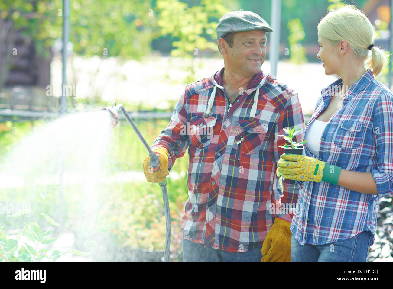 Zwei Gärtner sprechen Wile Bewässerung Stockfotografie Alamy