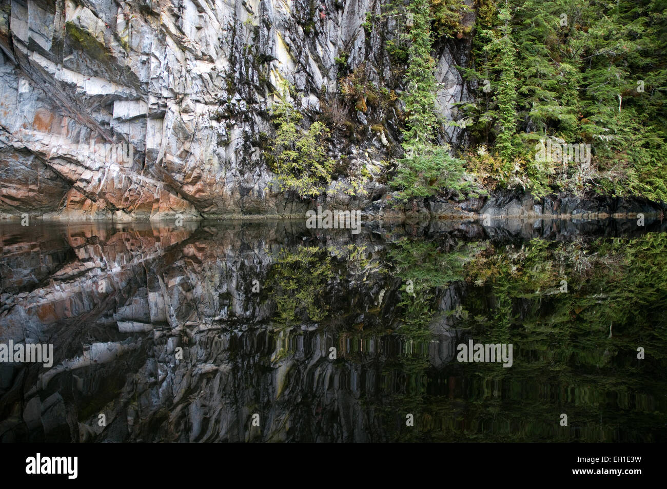 Eine felsige Klippen spiegelt sich in den noch pazifischen Gewässern Troup Passage in British Columbia es Great Bear Rainforest, Kanada. Stockfoto