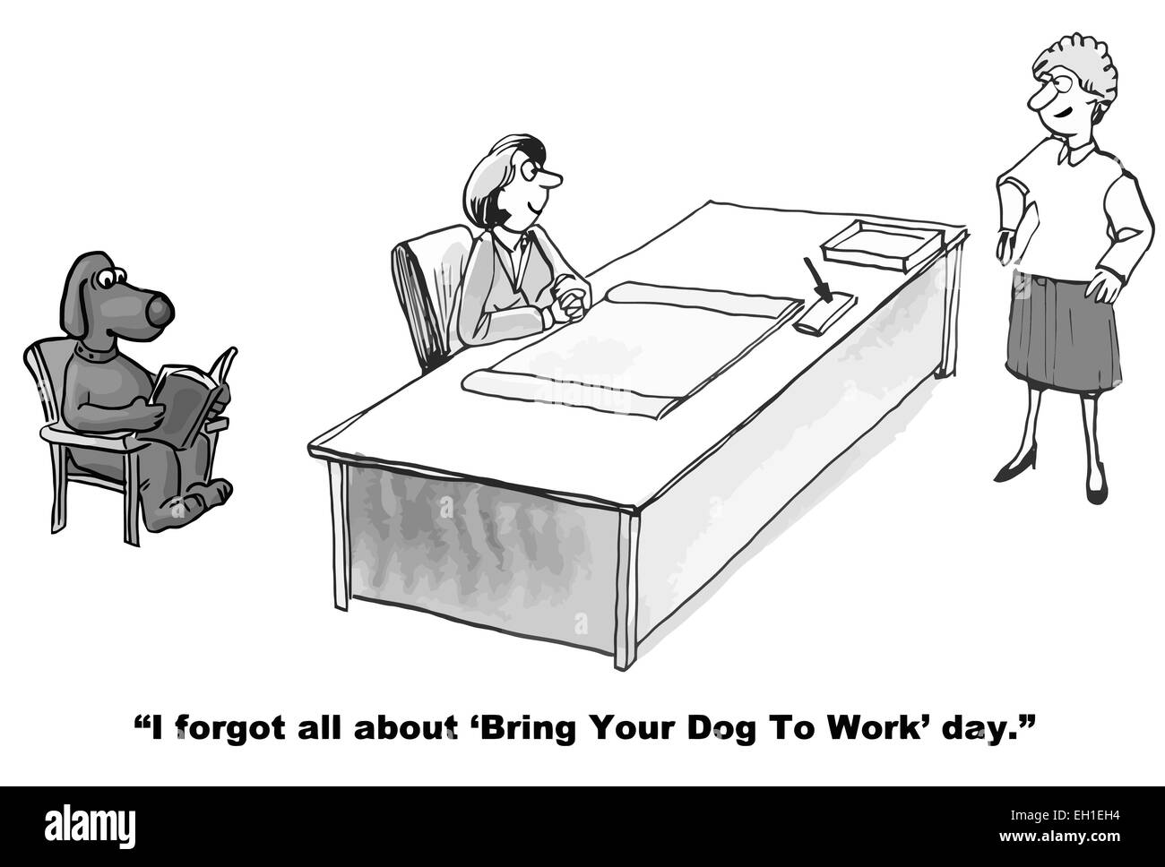 Cartoon von Geschäftsfrau mit ihrem Hund an Schreibtisch, Kollege sagt, ich vergaß alles um "bringen Ihren Hund zu arbeiten" Tag. Stock Vektor