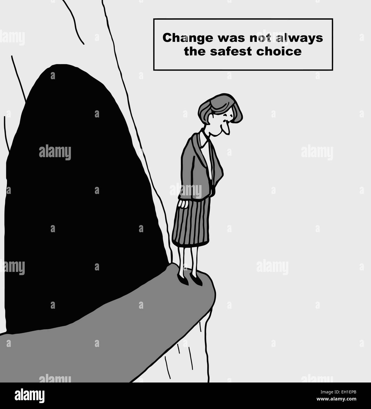 Karikatur von Geschäftsfrau auf Klippe, Änderung war nicht immer die sicherste Wahl. Stock Vektor