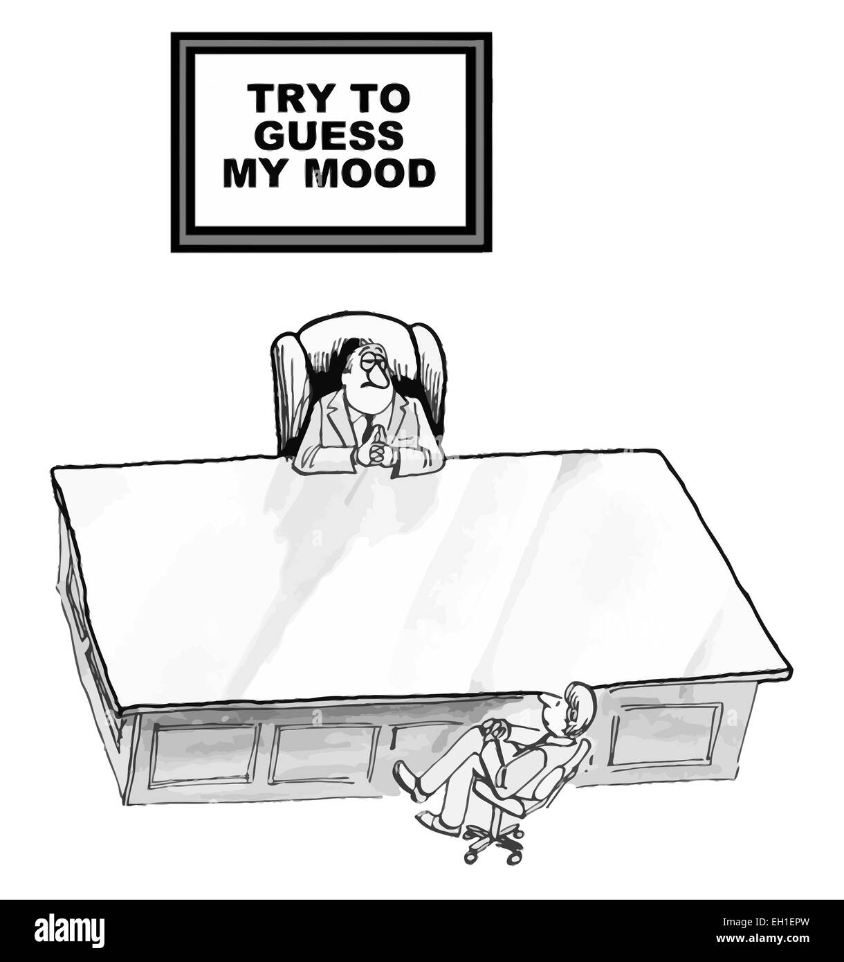 Cartoon von großer Geschäftsmann Boss mit Schild: versuchen zu erraten, meine Stimmung. Stock Vektor