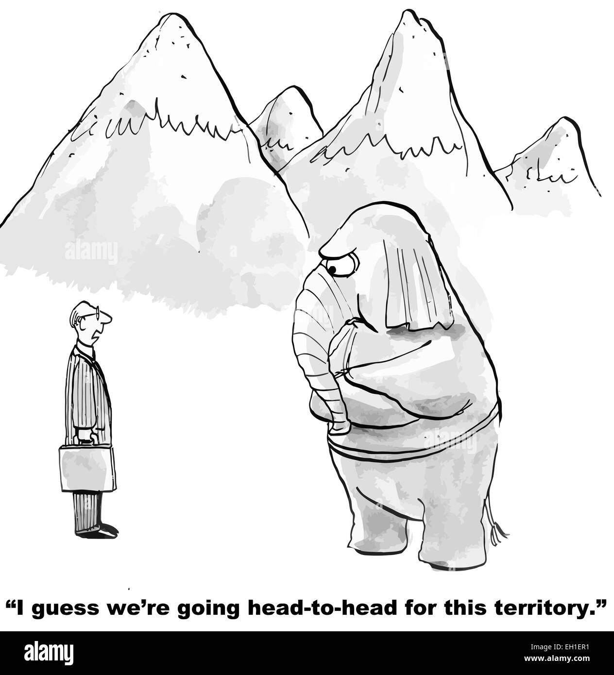 Karikatur von Verkäufer und Unternehmer Elefant: Ich denke, wir gehen Kopf an Kopf für dieses Gebiet. Stock Vektor