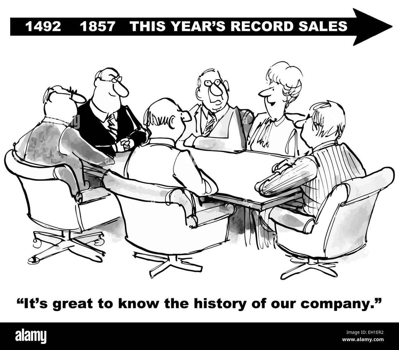 Karikatur von Geschäftstreffen und Zeitleiste mit Rekordumsatz erreicht in diesem Jahr; große Geschichte unseres Unternehmens kennen. Stock Vektor