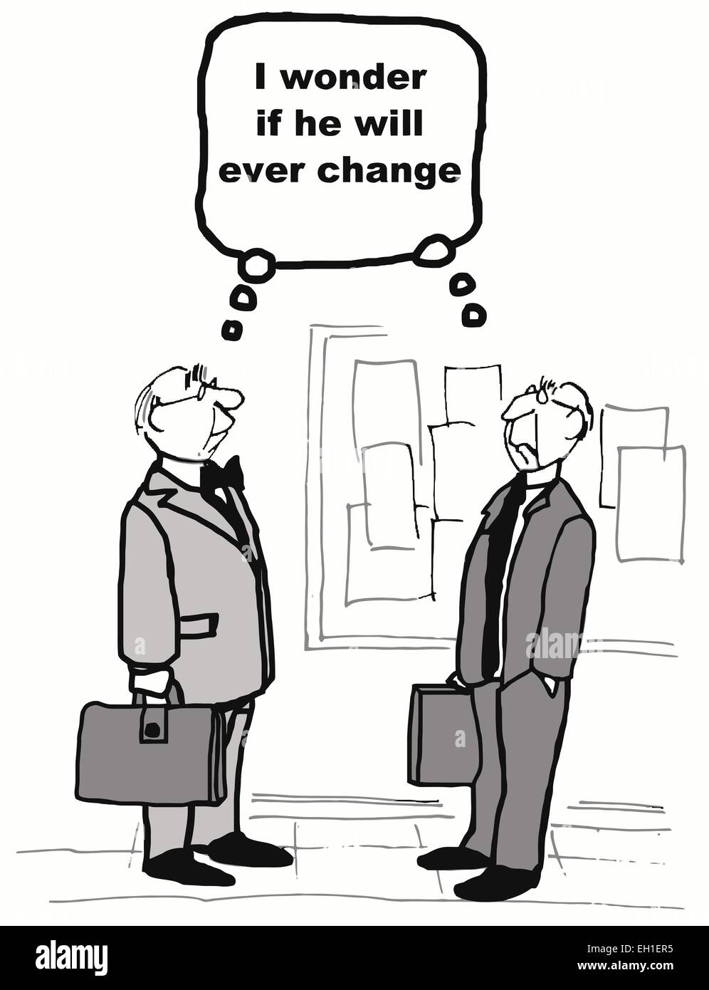 Cartoon von zwei Geschäftsleute denken das gleiche über die andere: Ich frage mich, ob er jemals ändern wird. Stock Vektor