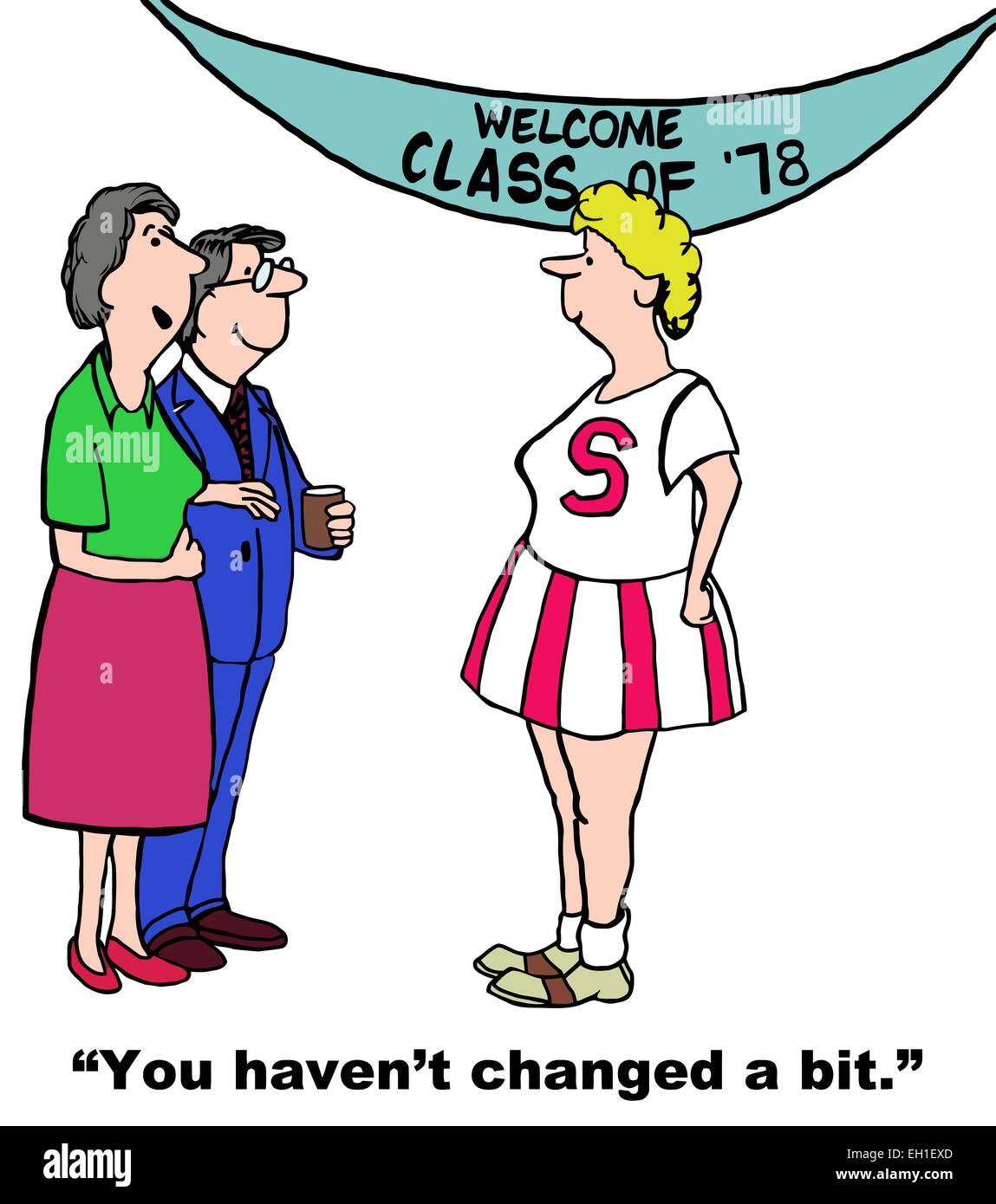 Cartoon Klassentreffen, zwei Mitglieder sagen Frau im Cheerleader-Outfit, Sie haben kein wenig verändert. Stock Vektor
