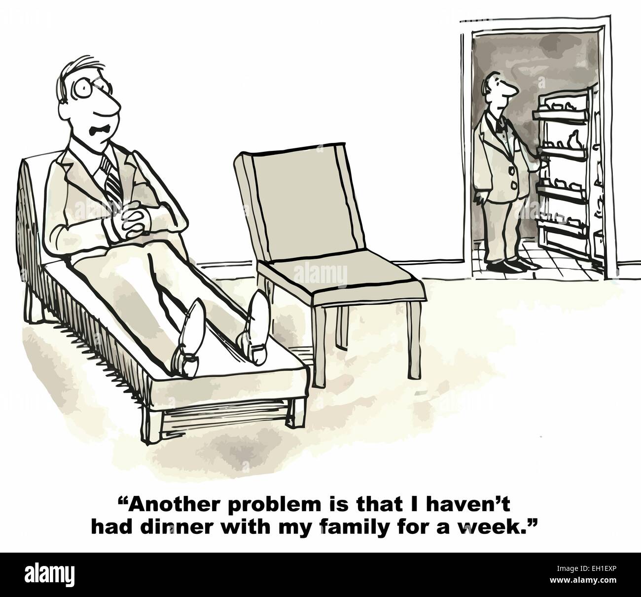 Als Therapeut im Kühlschrank sieht, sagt Geschäftsmann Patient, dass er nicht hatte Abendessen mit seiner Familie für eine Woche. Stock Vektor