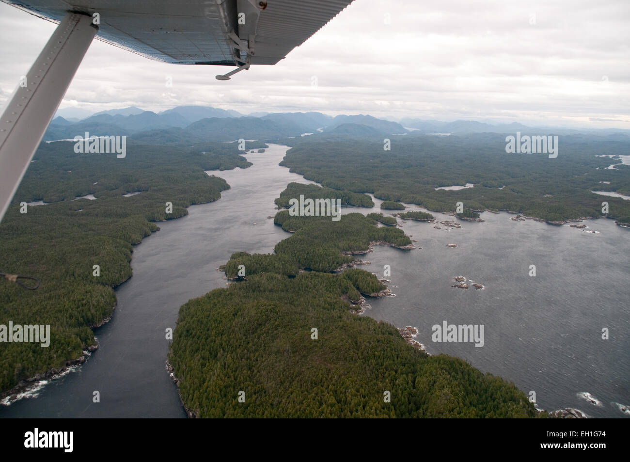 Eine Luftaufnahme der pazifischen Küstengewässer des Great Bear Rainforest an der zentralen Küste in British Columbia, Kanada. Stockfoto