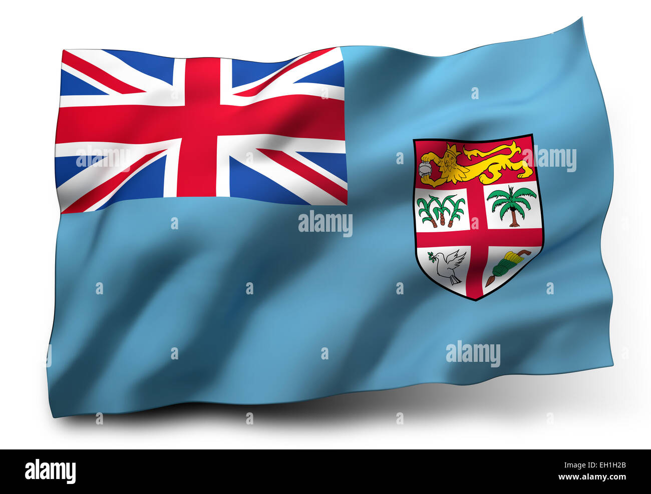Wehende Flagge von Fidschi isoliert auf weißem Hintergrund Stockfoto