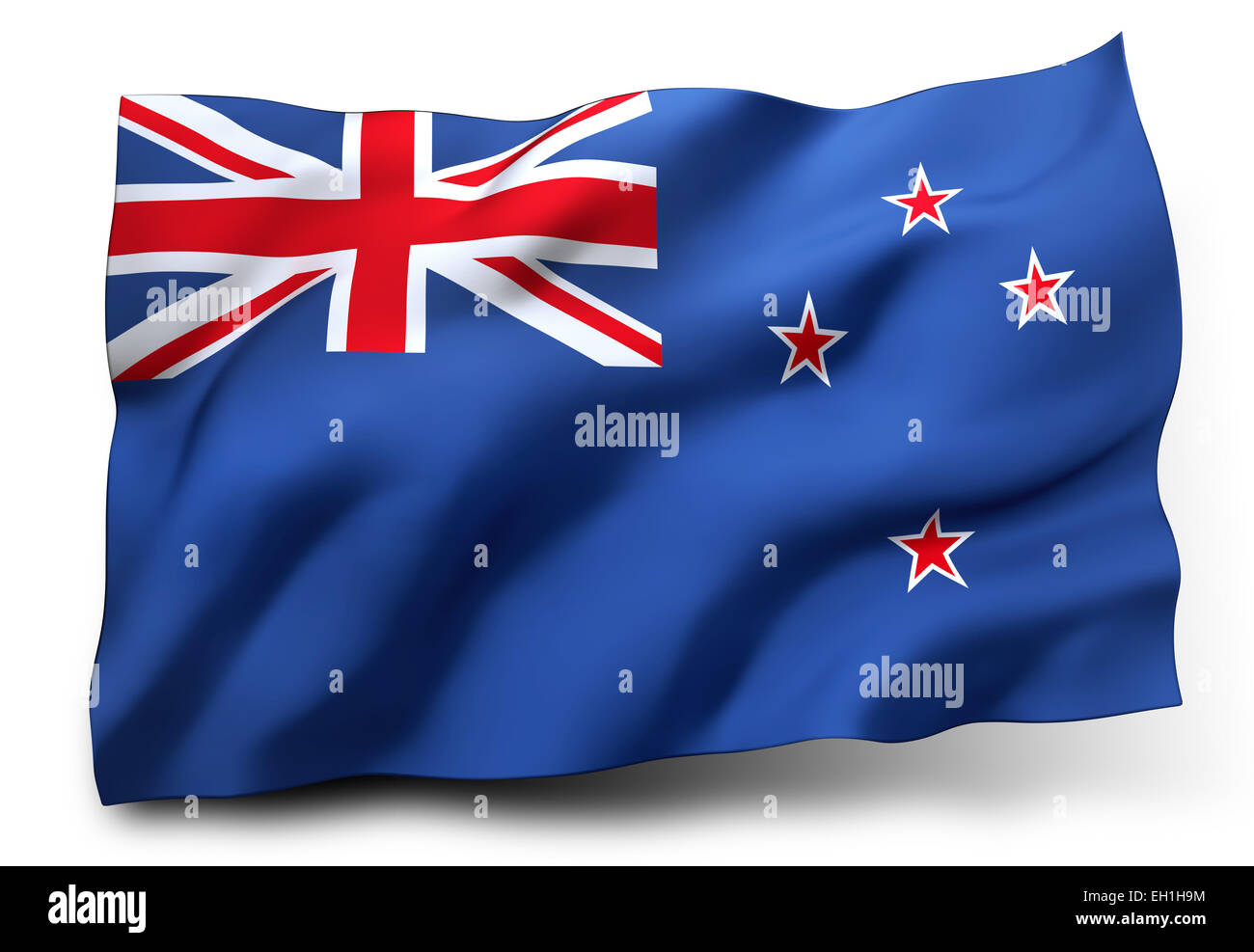 Wehende Flagge von Neuseeland isoliert auf weißem Hintergrund Stockfoto