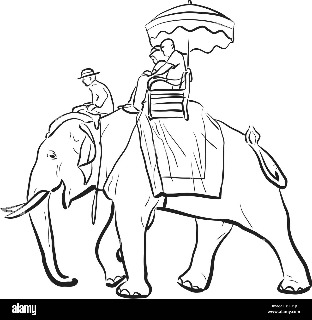 Bearbeitbares Vektor Skizzieren von Touristen fahren auf einem asiatischen Elefanten mit mahout Stock Vektor