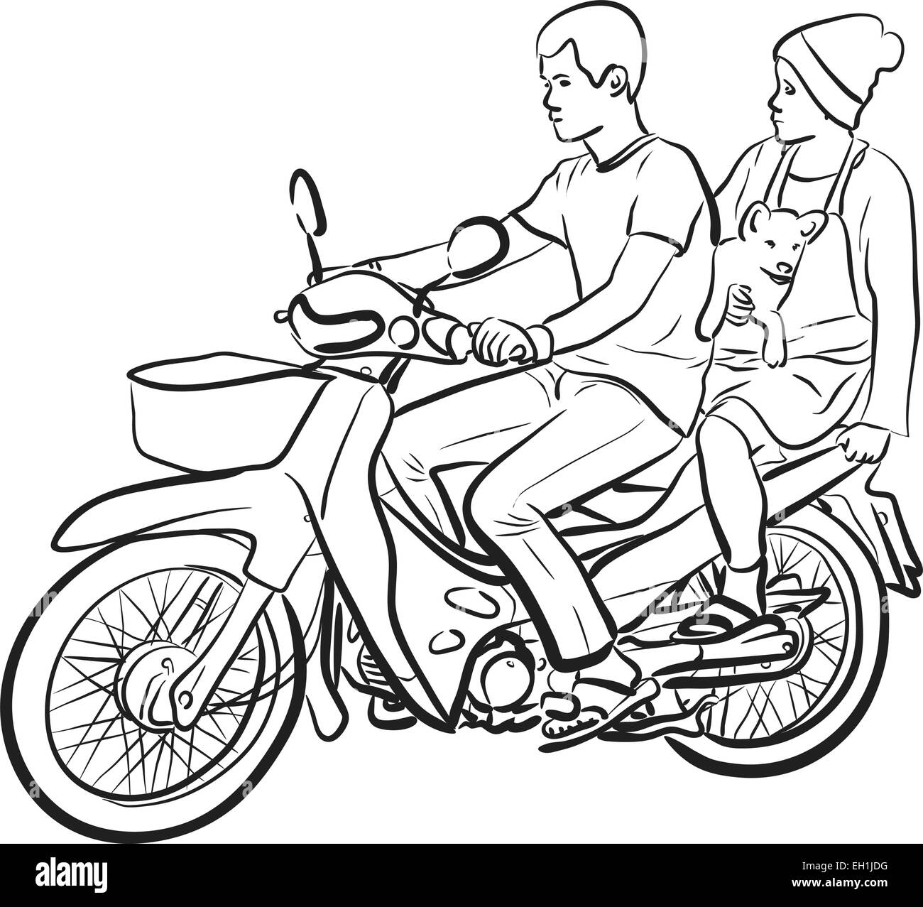 Bearbeitbares Vektor Skizze von zwei Personen und ein Hund auf einem Motorrad Stock Vektor