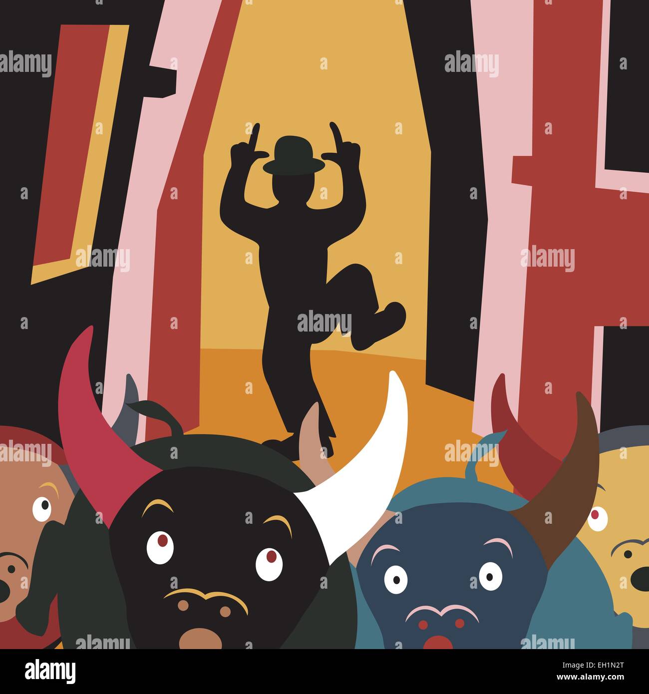 Editierbare Vektorgrafik Cartoon Bullen auf der Flucht vor einem Mann in ein Straßenfest Stock Vektor