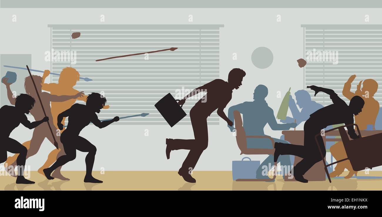 Bearbeitbares Vektor Farbe Ausschnitte von Höhlenmenschen Angriff auf ein Business-meeting Stock Vektor