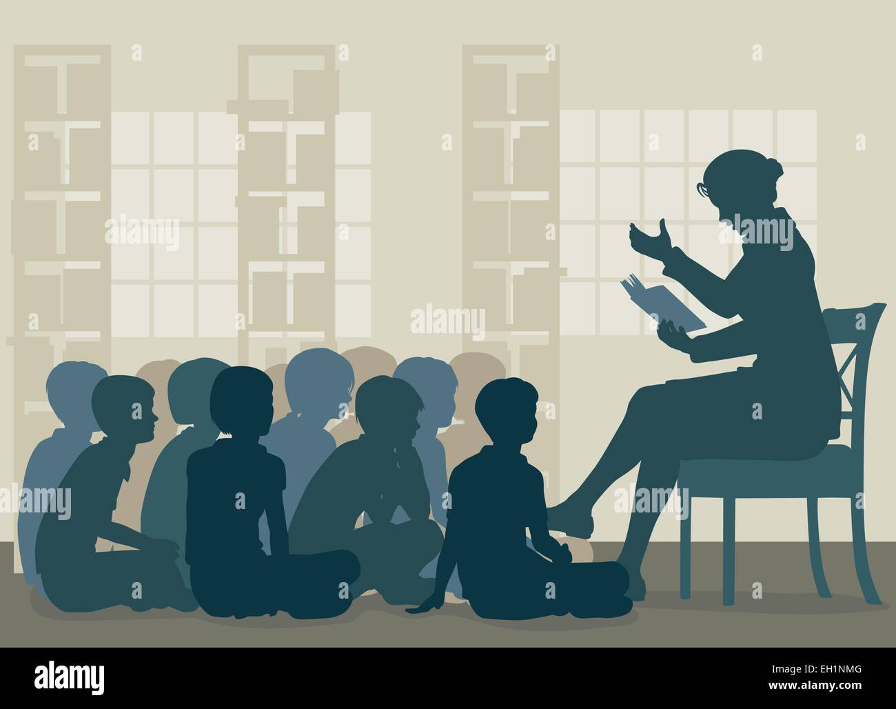 EPS8 bearbeitbares Vektor-Illustration von einer Lehrerin eine Geschichte ihrer Schülerinnen und Schüler auf dem Boden sitzend zu lesen Stock Vektor