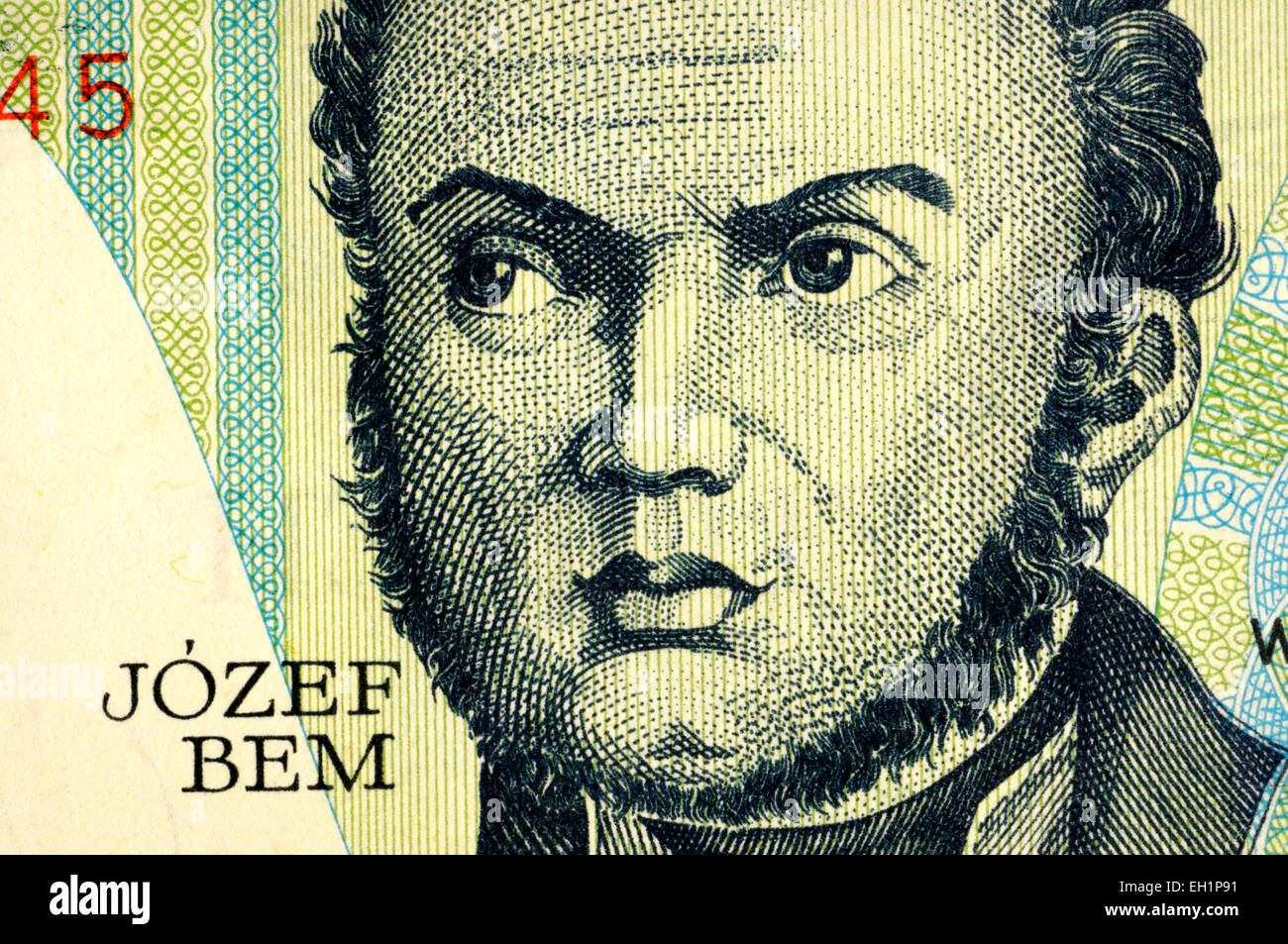 Detail aus einem polnischen 10 Zloty-Banknote zeigt Porträt von Józef Zachariasz Bem (polnische general, nationaler Held der Polen und Hun Stockfoto