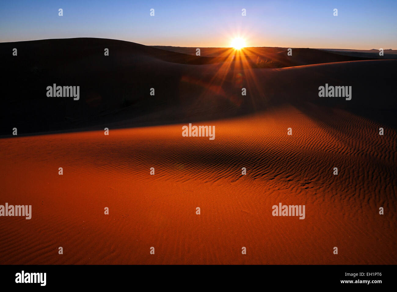 Südlichen Ausläufer der Namib-Wüste, Dünen, Sonnenuntergang, Gegenlicht, Nachtlicht, Namibia Stockfoto