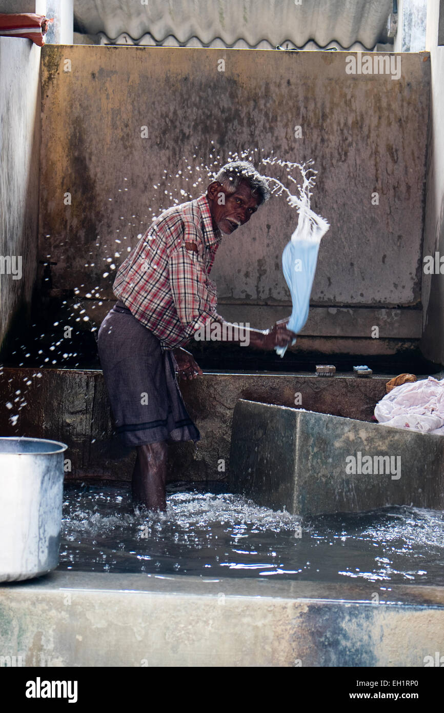 Dhobi waschen und Bügeln der Wäsche (Haus) Cochin, Indien Stockfoto