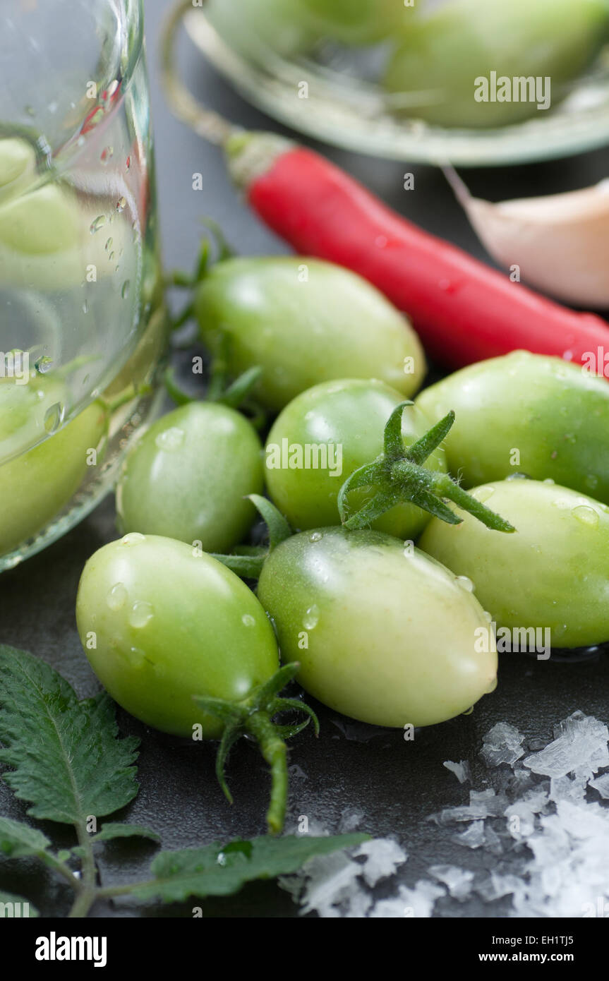 Grüne Tomaten für Beizen. Stockfoto