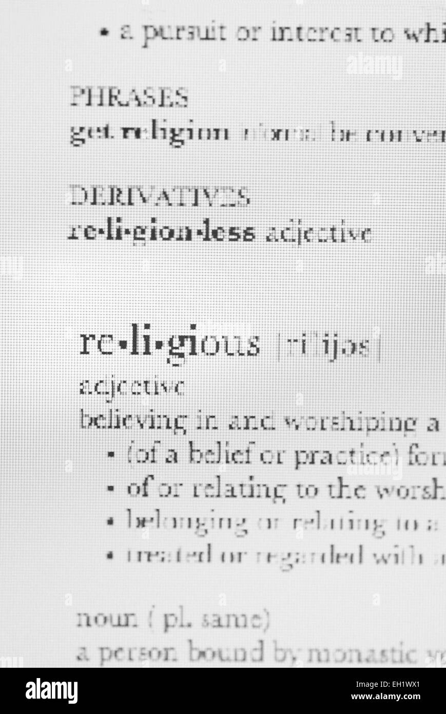 Definition des Wortes religiöse aus einem Wörterbuch Stockfoto