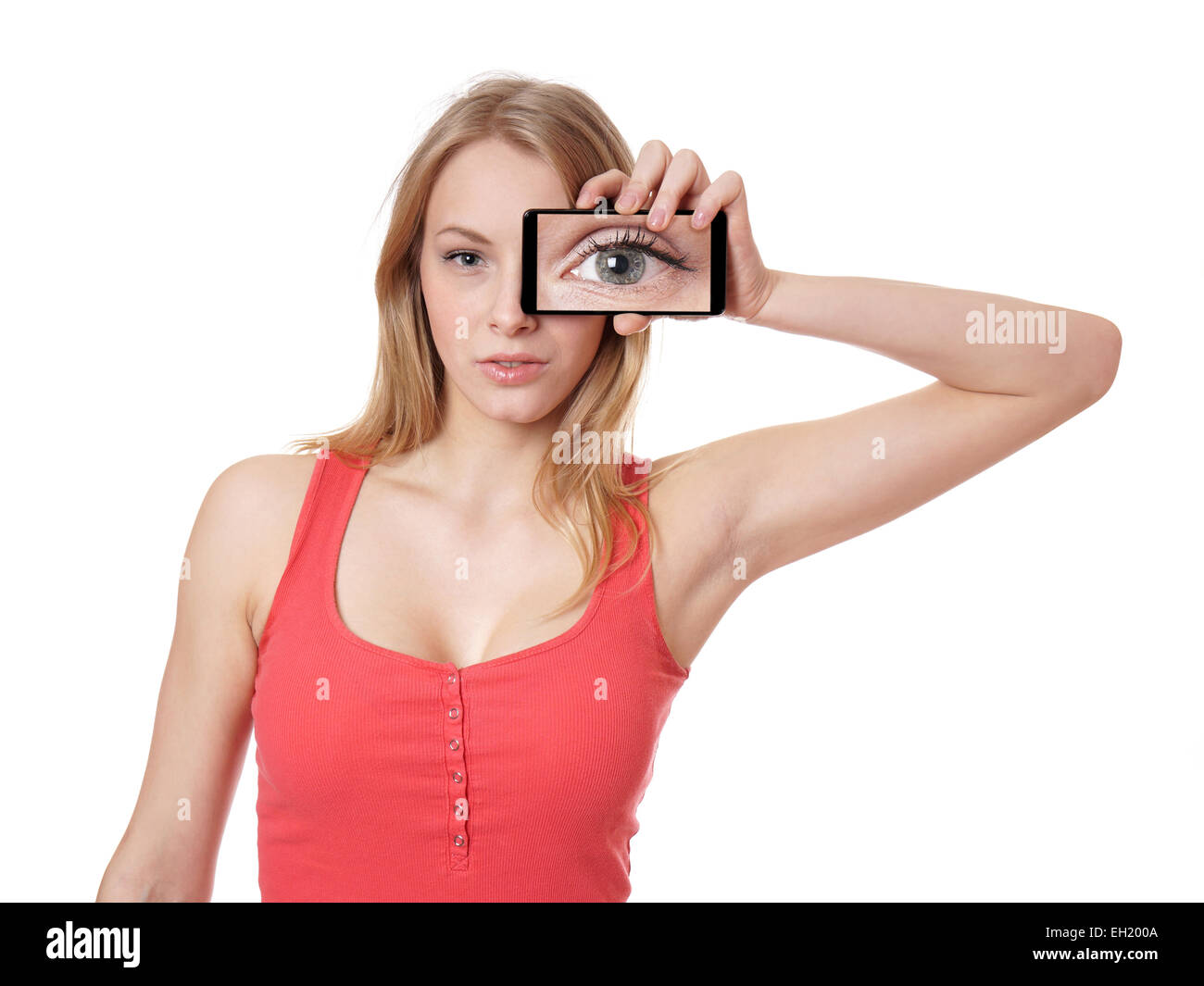 Frau mit Kamera-Handy auf ihr Gesicht Stockfoto
