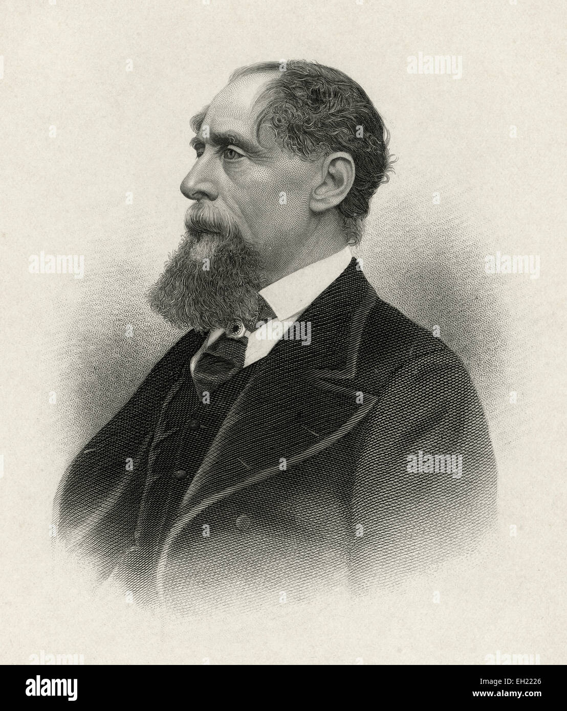 Antike c1885 Stahlstich, Charles Dickens. Charles John Huffam Dickens (7. Februar 1812 - 9. Juni 1870) war ein englischer Schriftsteller und Gesellschaftskritiker. Er schuf einige der weltweit bekanntesten Romanfiguren und gilt als der größte Schriftsteller des viktorianischen Zeitalters. Stockfoto