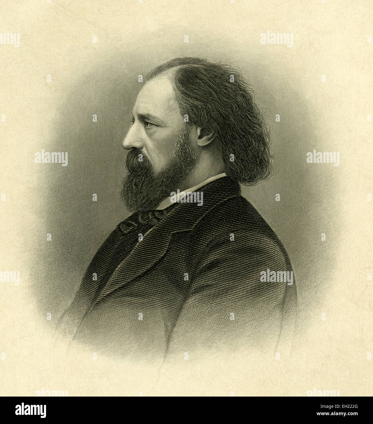 Antike c1885 Stahlstich, Alfred Lord Tennyson. Alfred Tennyson, 1. Baron Tennyson, FRS (6. August 1809 - 6. Oktober 1892) war Dichter-Laureatus von Großbritannien und Irland während der Regierungszeit von Königin Victoria und bleibt einer der beliebtesten britischen Dichter. Stockfoto