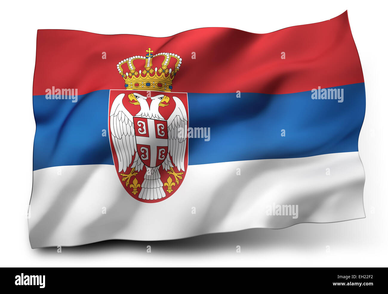 Wehende Flagge von Serbien isoliert auf weißem Hintergrund Stockfoto