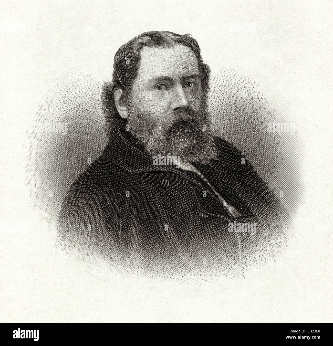 Antike c1885 Stahlstich, James Russell Lowell. James Russell Lowell (22. Februar 1819 - 12. August 1891) war US-amerikanischer romantisch Dichter, Kritiker, Redakteur und Diplomat. Er ist verbunden mit dem Kamin Dichter, eine Gruppe von Neu-England-Autoren waren unter den ersten amerikanischen Dichtern, die die Popularität des britischen Poeten wetteifern. Stockfoto
