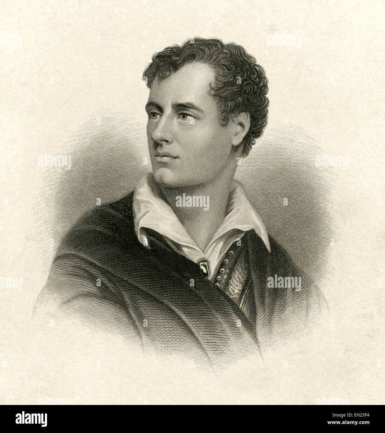 Antike c1885 Stahlstich, Lord Byron. George Gordon Byron, 6. Baron Byron, 6. Baron Byron, später George Gordon Noel FRS (22. Januar 1788 - 19. April 1824), allgemein bekannt als Lord Byron, war ein englischer Dichter und eine führende Persönlichkeit in der romantischen Bewegung. Zu Byrons bekanntesten Werken zählen die langen erzählenden Gedichte Don Juan und Childe Harolds Pilgerfahrt und die kurze lyrische sie geht in Schönheit. Stockfoto