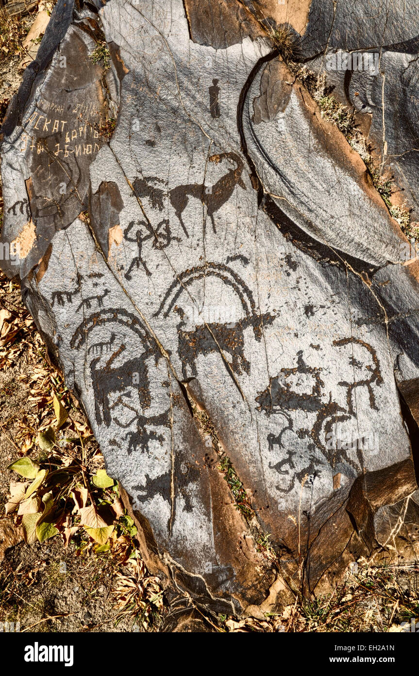 Alten Piktogramme graviert auf Felsen vor Saimaluu Tash Ort in Kirgisistan Stockfoto