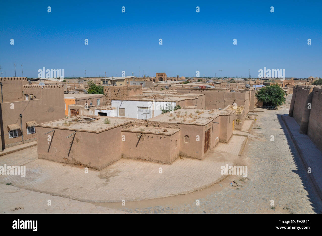 Malerische Aussicht von Chiwa, Stadt in Usbekistan mit seinen typischen Häusern Stockfoto