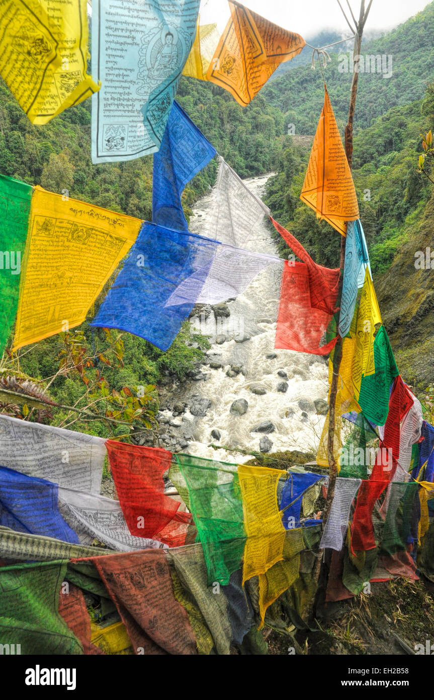 Bunte buddhistische Gebetsfahnen in Arunachal Pradesh, Indien Stockfoto