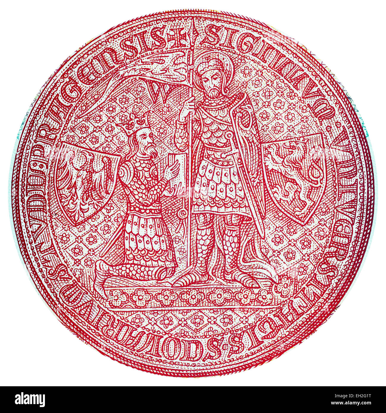 Mittelalterliche Siegel der Karls-Universität von 100 Korun Banknote, Tschechische Republik, 1997 Stockfoto