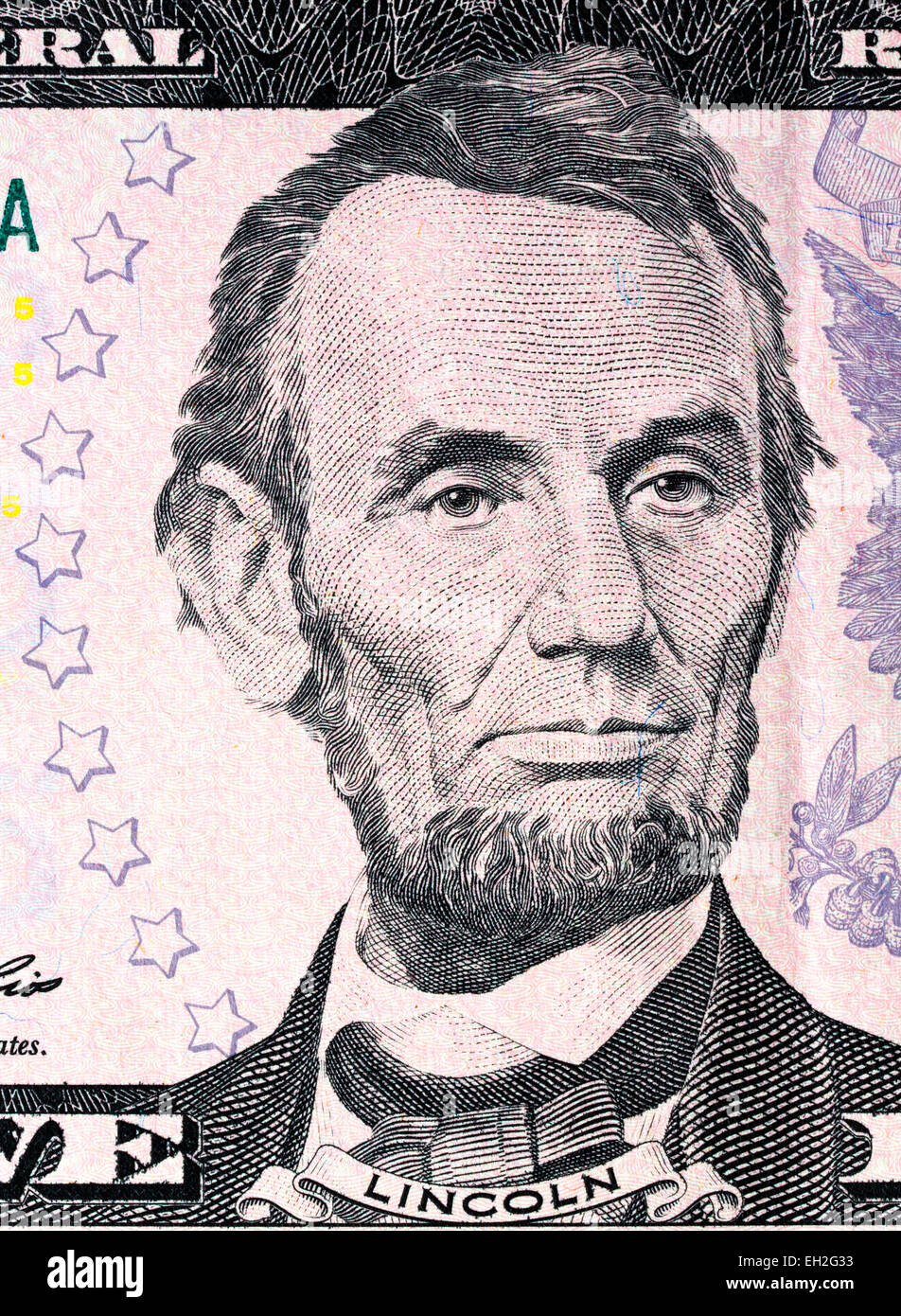 Präsident Abraham Lincoln von 5 Dollar Banknote, USA, 2009 Stockfoto