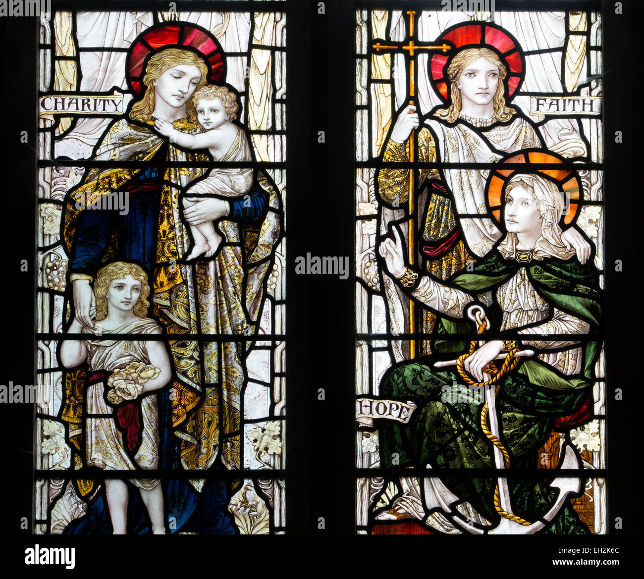 Glaube, Hoffnung und Nächstenliebe Glasmalerei, St. John the Baptist Church, Coln St. Aldwyns, Gloucestershire, England, UK Stockfoto