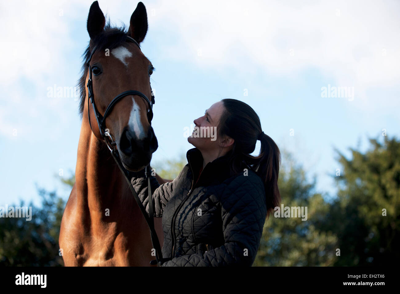Eine junge Frau, die ihr Pferd zu bewundern Stockfoto