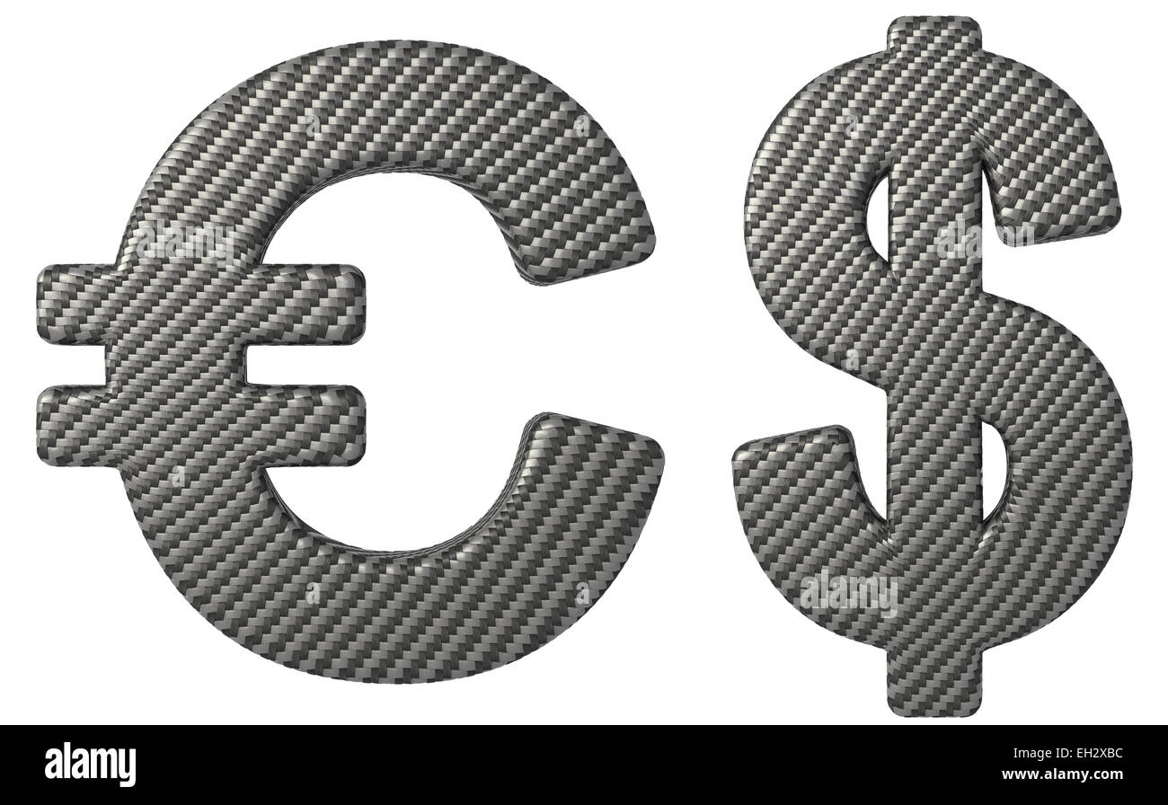 Kohlefaser-Schriftart US-Dollar und Euro Symbole isoliert auf weiss Stockfoto