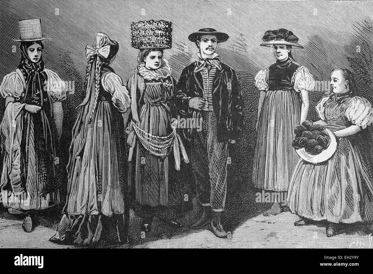 Kostüme aus dem Schwarzwald, Baden-Württemberg, Deutschland, Holzschnitt um 1871 Stockfoto