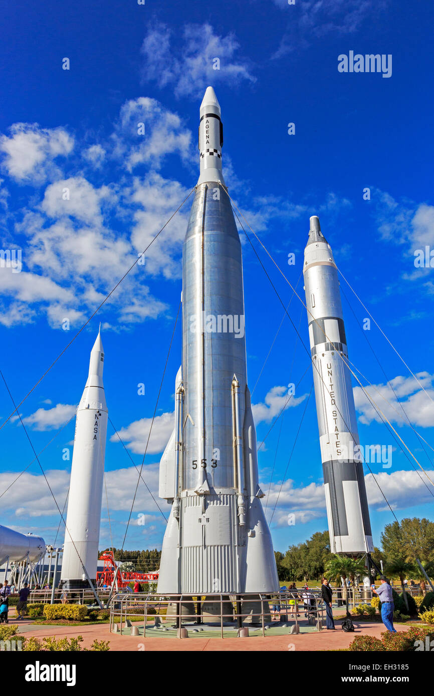 Rocket Garden mit ausgemusterte Interkontinentalraketen innerhalb das NASA Space Center in Cape Canaveral, Florida, USA Stockfoto
