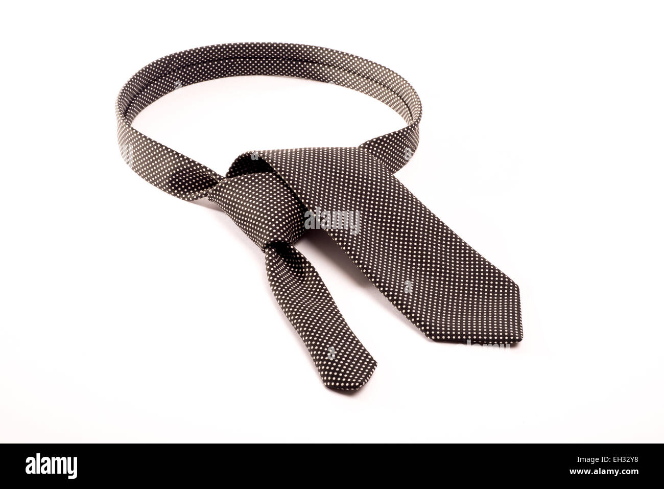 Eine schwarze Krawatte mit weißen Punkten auf weißem Hintergrund gefaltet als ob Sie einen Krawattenknoten um den Hals machen. Stockfoto