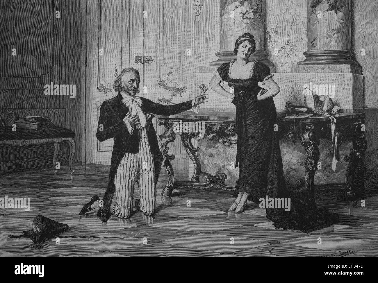 Historische Gravur, Mann vorschlägt, eine Frau, 1888 Stockfoto