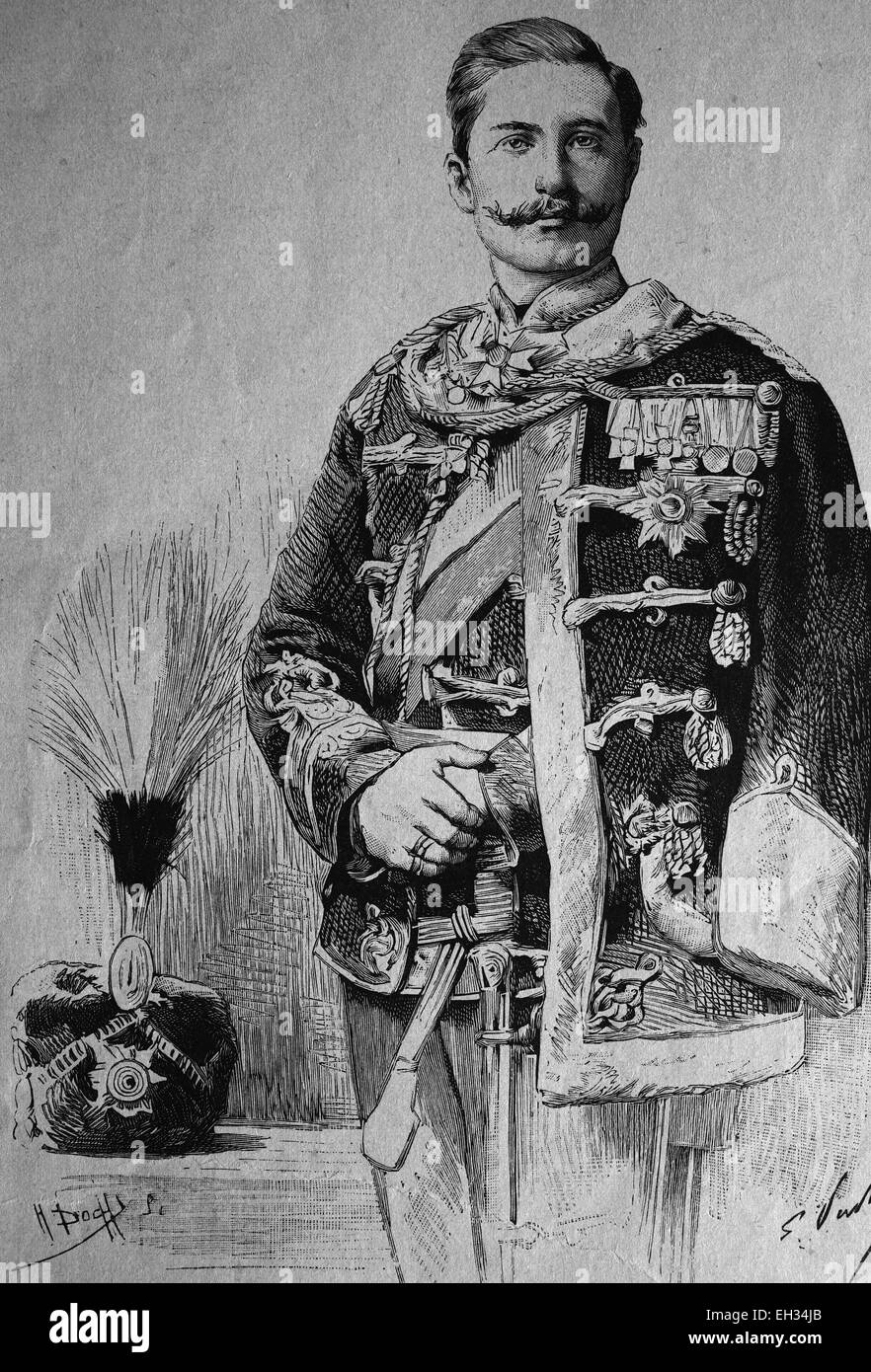 Wilhelm, Kronprinz des Deutschen Reichs, Wilhelm II., sein voller Name war Friedrich Wilhelm Viktor Albert von Preußen, 1859-1941, Hohenzollern-Dynastie, er war der letzte deutsche Kaiser von 1888 bis 1918 und König von Preußen, Holzschnitt 1888 Stockfoto
