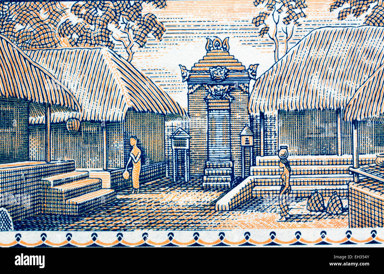 Balinesische Haus aus 10 Rupien-Banknote, Indonesien, 1958 Stockfoto