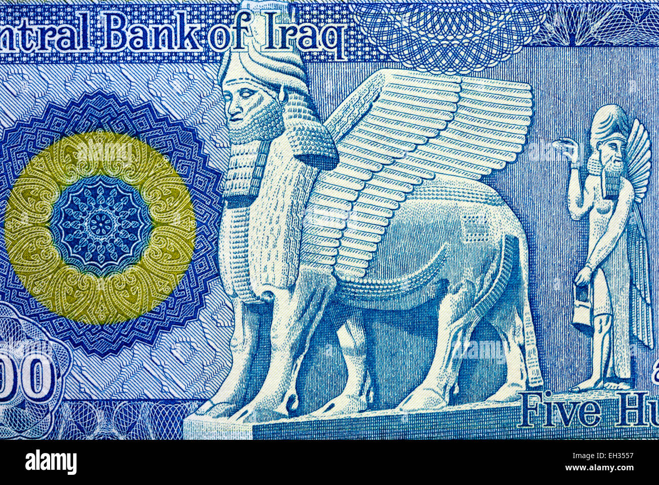 Assyrer, mesopotamischen geflügelten Stier Shedu von 500 Dinar Banknote, Irak, 2004 Stockfoto