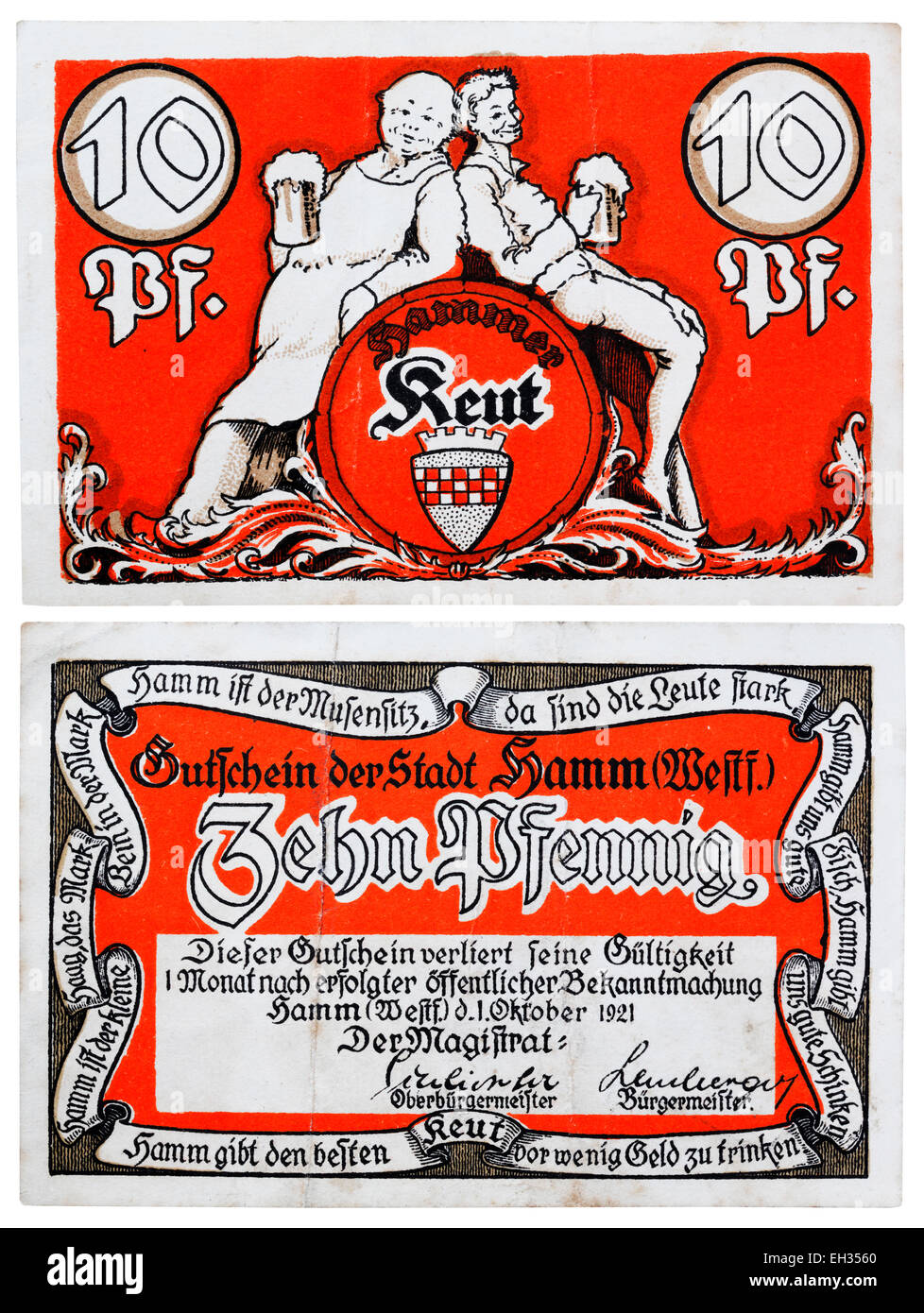 10 Pfennig, Notgeld Banknote, Hamm, Nordrhein-Westfalen, Deutschland, 1921 Stockfoto