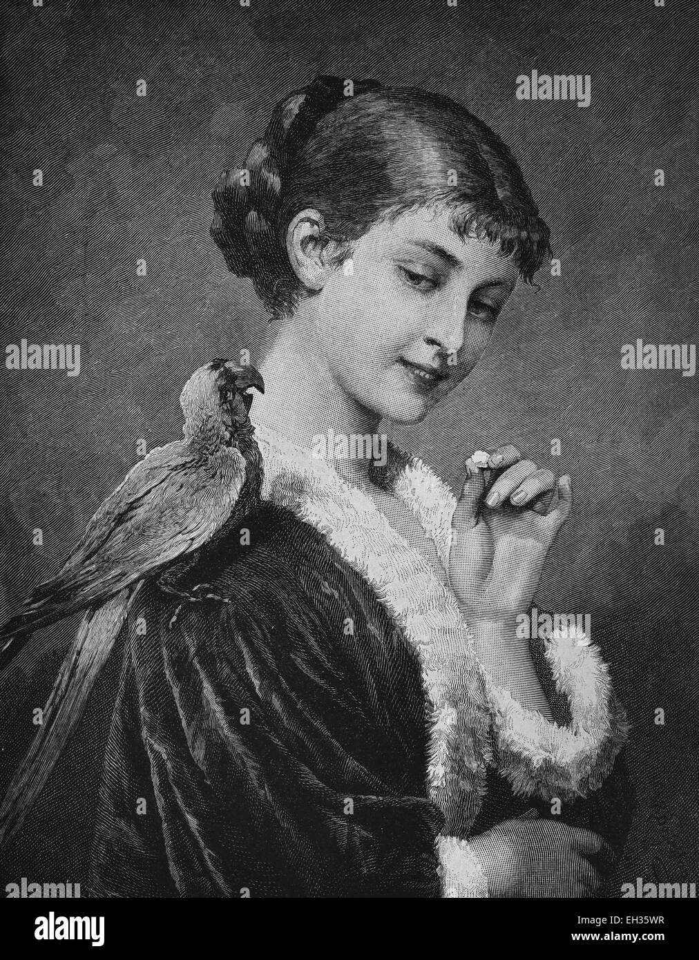 Frau mit Papagei, Holzschnitt, historische Gravuren, 1880 Stockfoto