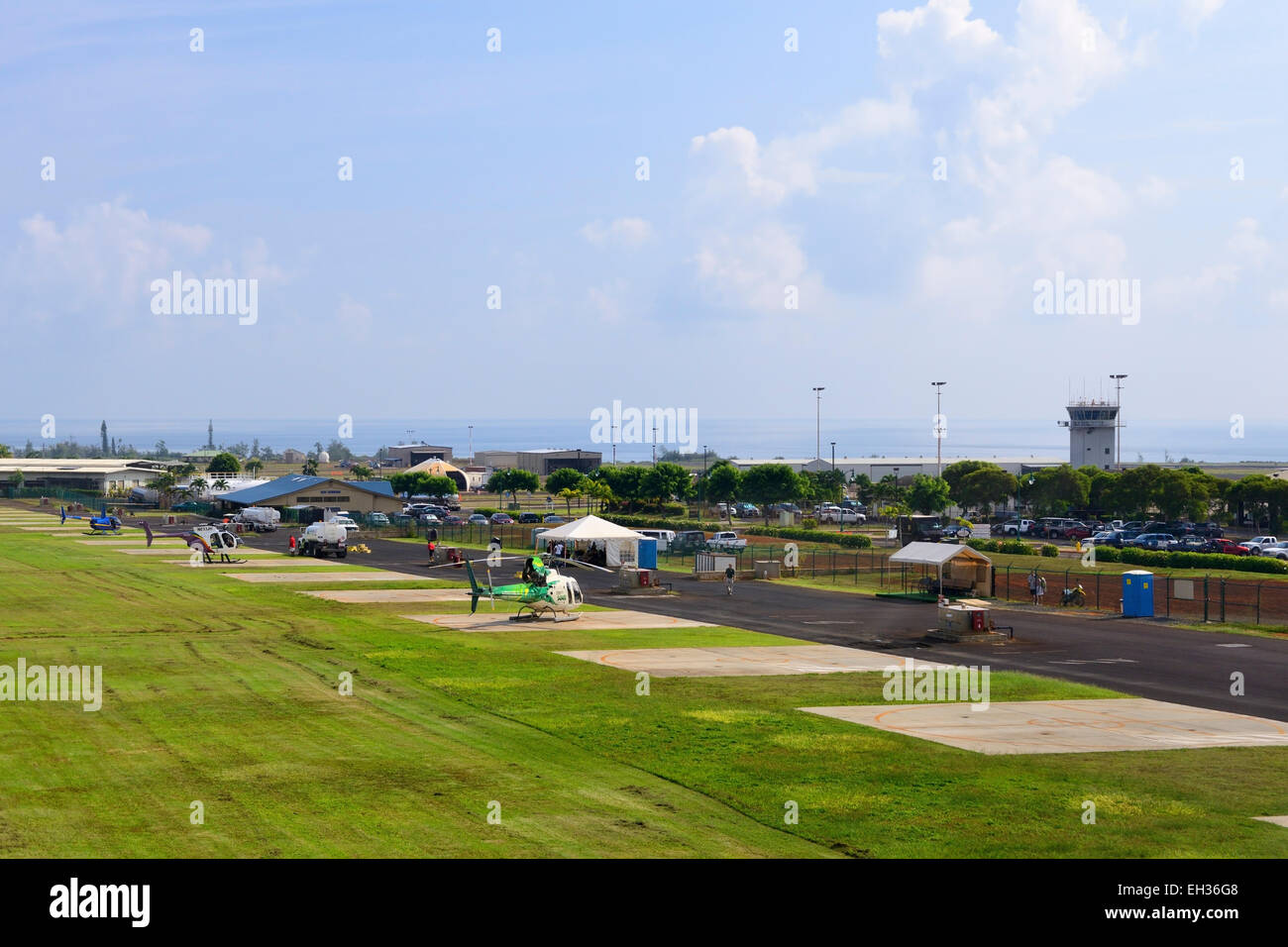 Luftaufnahme des Hubschrauber-Park in Lihue Flughafen Lihue, Kauai, Hawaii, USA Stockfoto