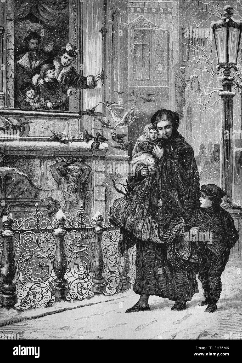 Arme Menschen, die betteln in Winter, Holz Gravur, 1880 Stockfoto