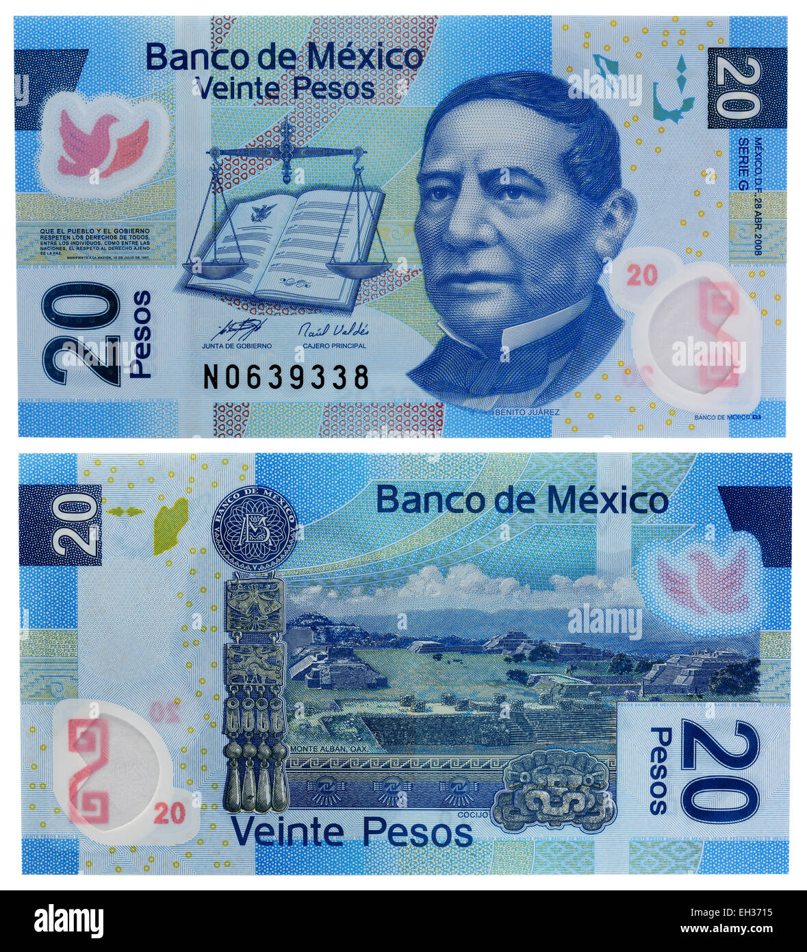 20 Pesos Banknote, Präsident Don Benito Juarez Garcia, Mexiko, 2008 Stockfoto